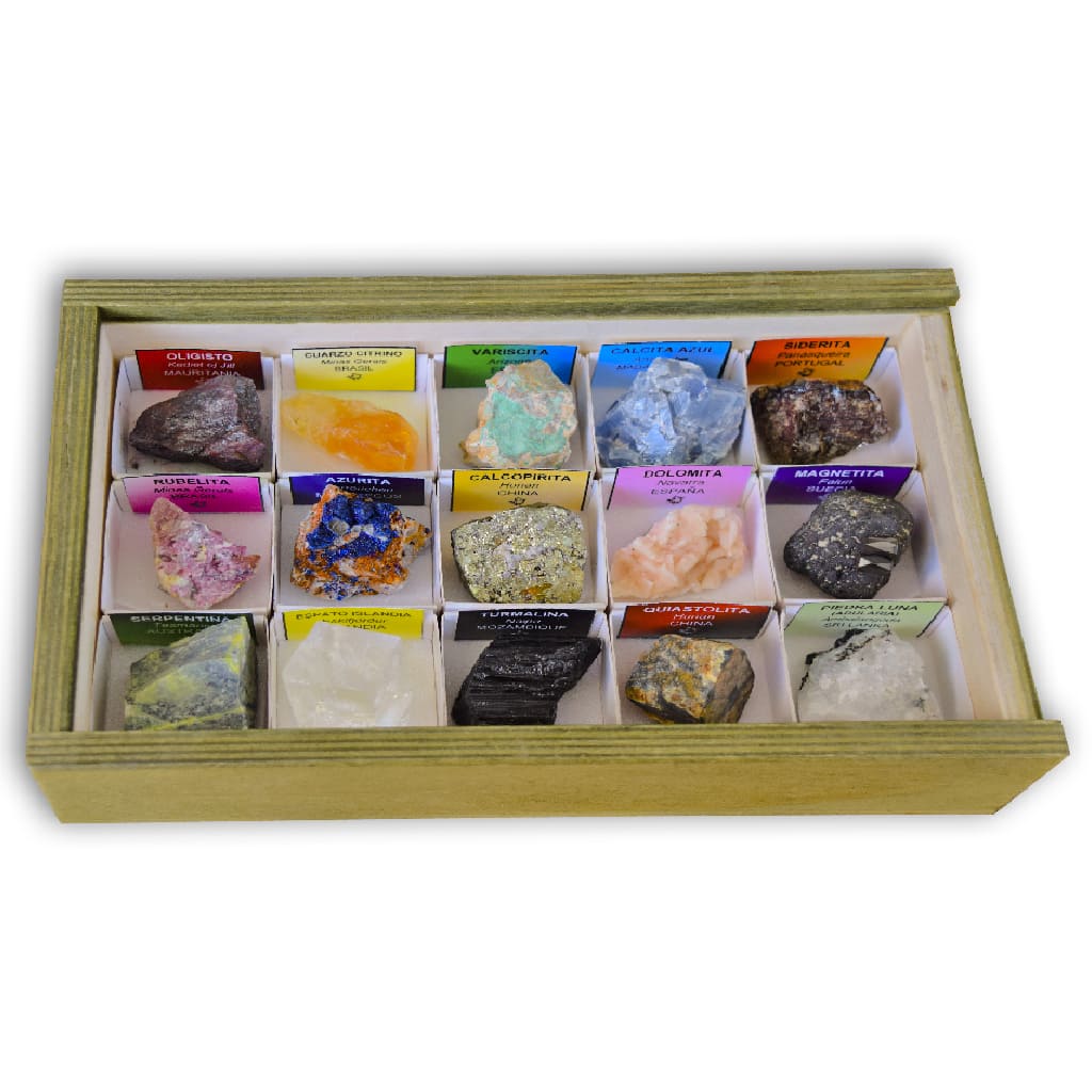 Colección de 30 Minerales del Mundo 2 en Caja de Madera Natural