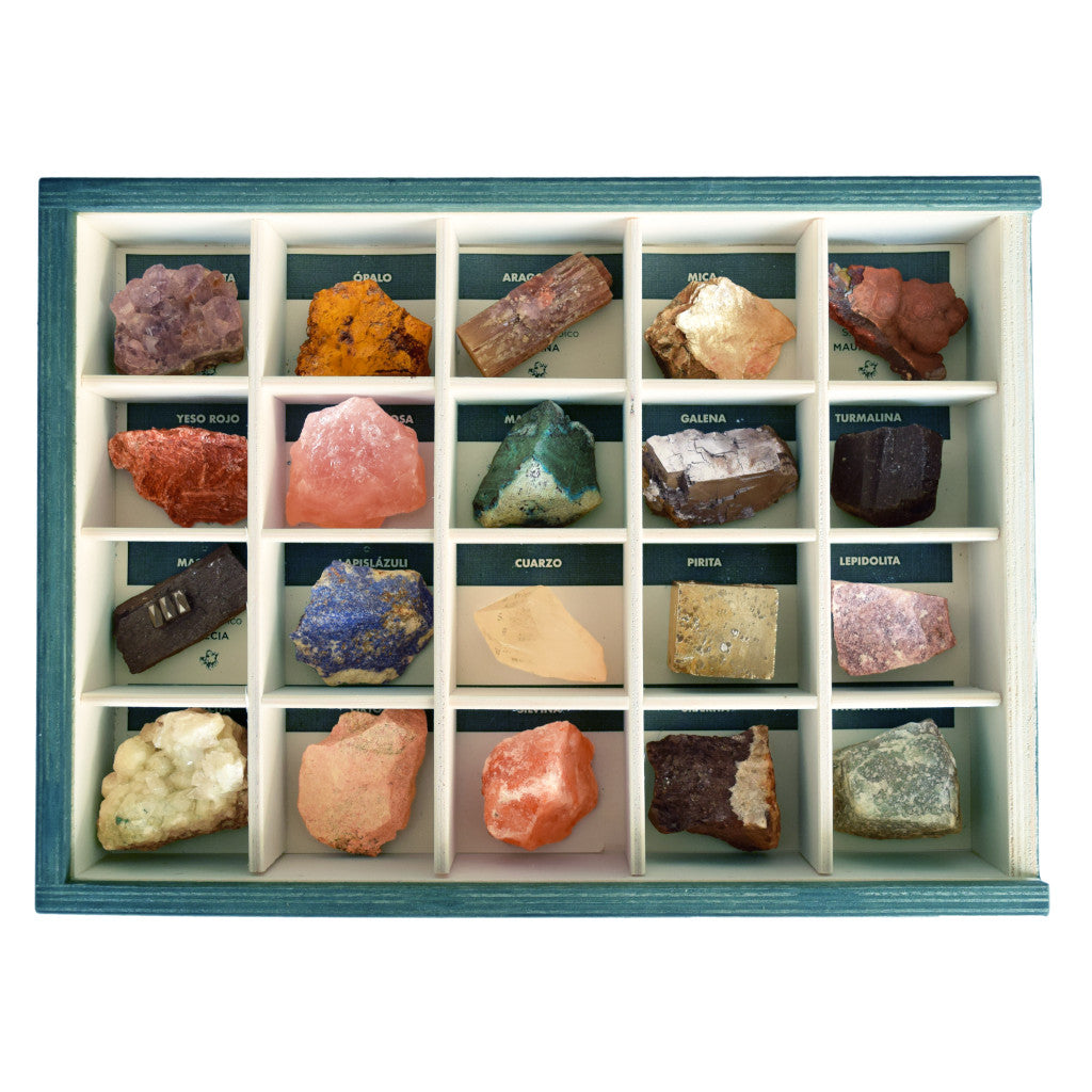 Colección de 30 Minerales del Mundo 2 en Caja de Madera Natural