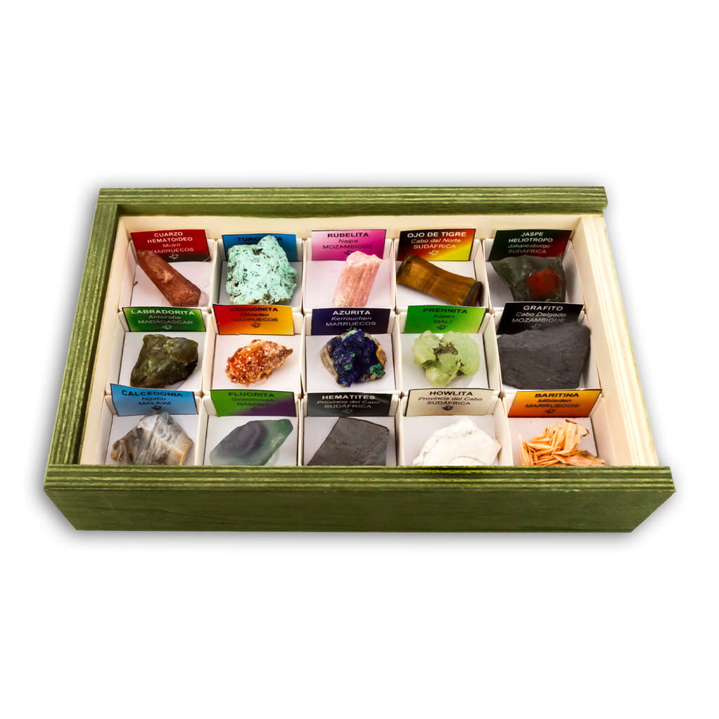 Colección de 20 Minerales del Mundo 2 Premium Extra Grandes en Caja de Madera Natural - Minerales Reales educativos de Gran tamaño con Hoja de descripción. Kit Geología para niños Colección de 20 Minerales del Mundo 2 Premium Extra Grandes en Caja de Madera Natural - Minerales Reales educativos de Gran tamaño con Hoja de descripción. Kit Geología para niños