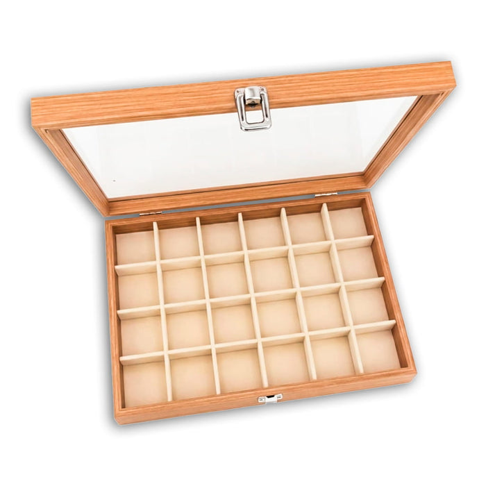 Caja Expositora de Madera y cristal con 24 compartimentos tapa cristal