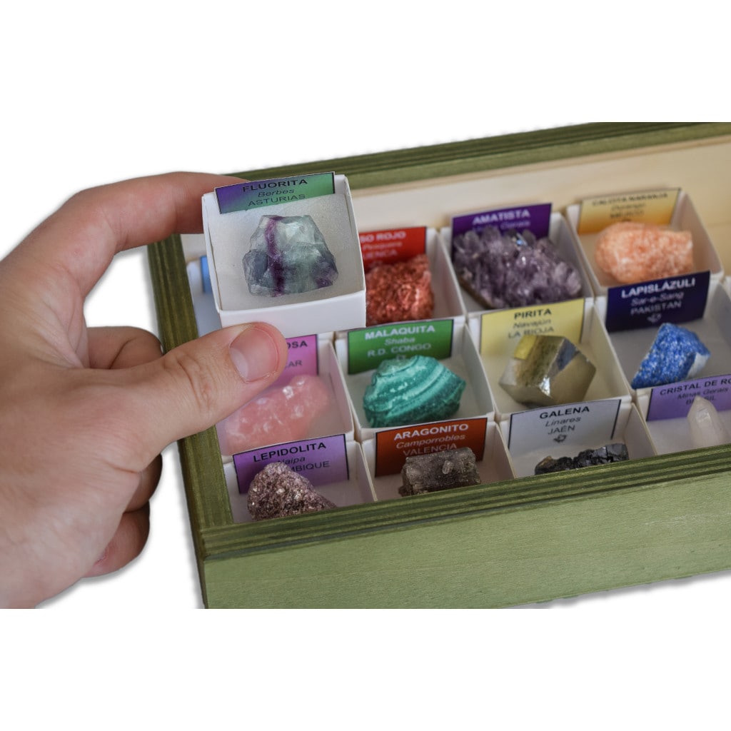 Colección de 15 Minerales del Mundo 4 en Caja de Madera Natural - Minerales  Reales educativos con Etiqueta informativa a Color. Kit de Ciencia de