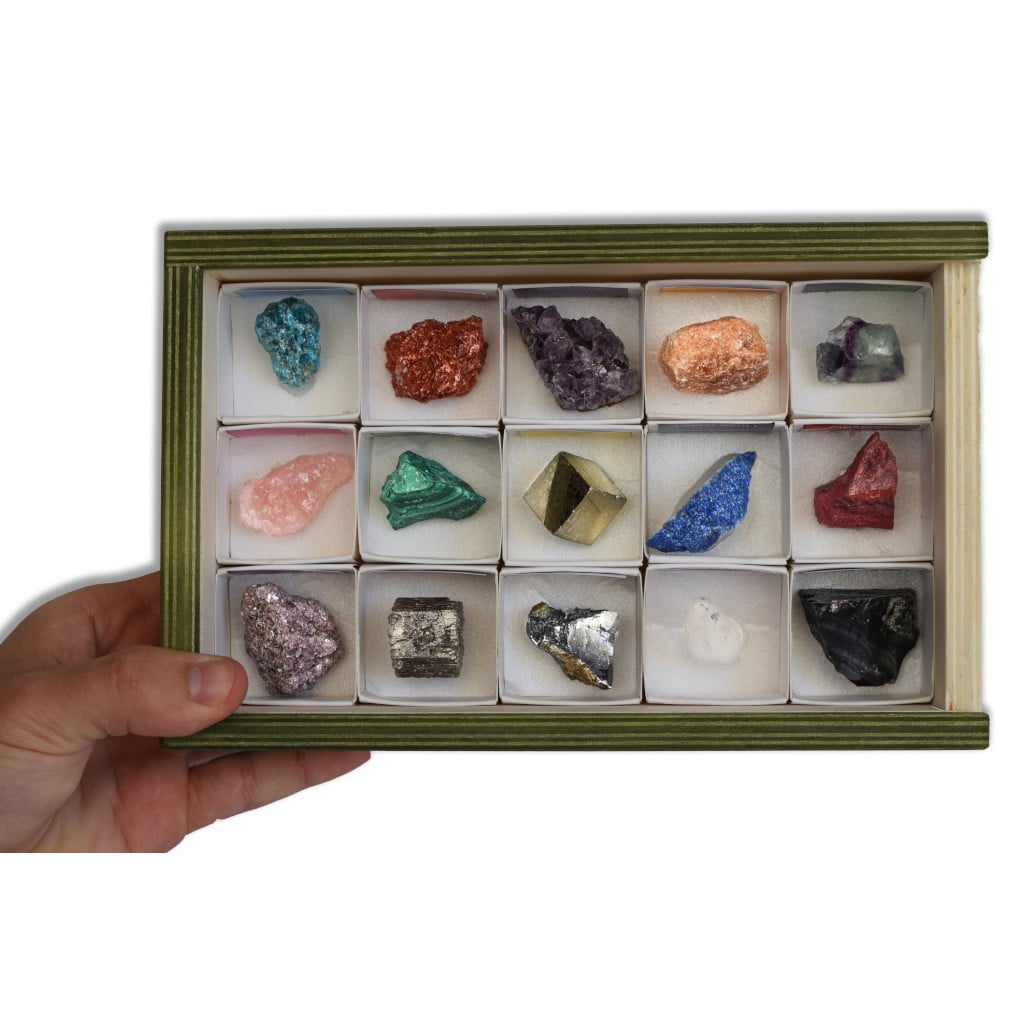 Colección de 15 Minerales de Asia y Oceanía en Caja de Madera Natural -  Minerales Reales educativos con Etiqueta informativa a Color. Kit de  Ciencia