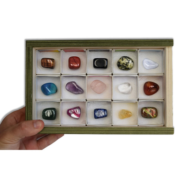 Colección de 15 Minerales Pulidos Caja madera